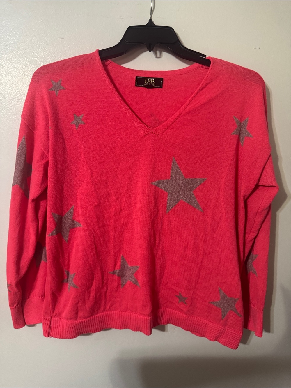 Lucky & Blessed Pink V-Neck Sweater with Silver Star Motif